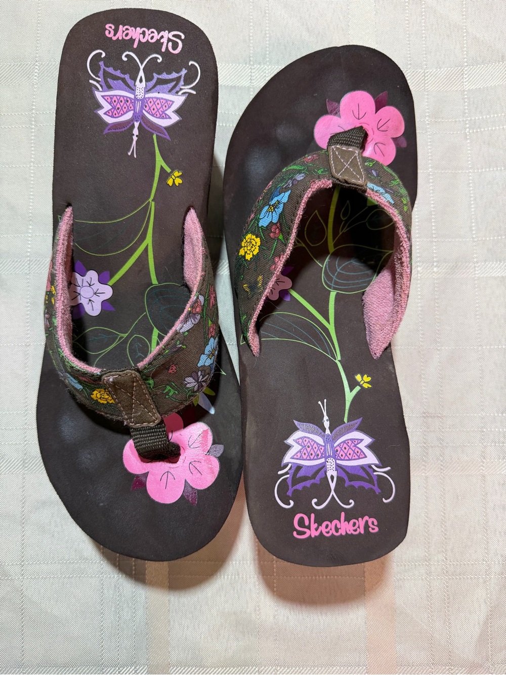 Skechers Brown Flip Flop Sandals with Pink and Purple Floral Accents 7